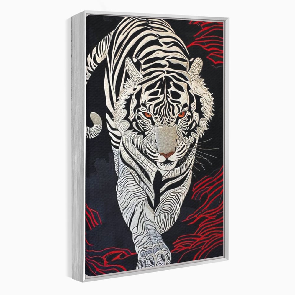Tablou canvas cu tablou vertical cu tigru alb pe fundal negru, in rama de aluminiu argintiu